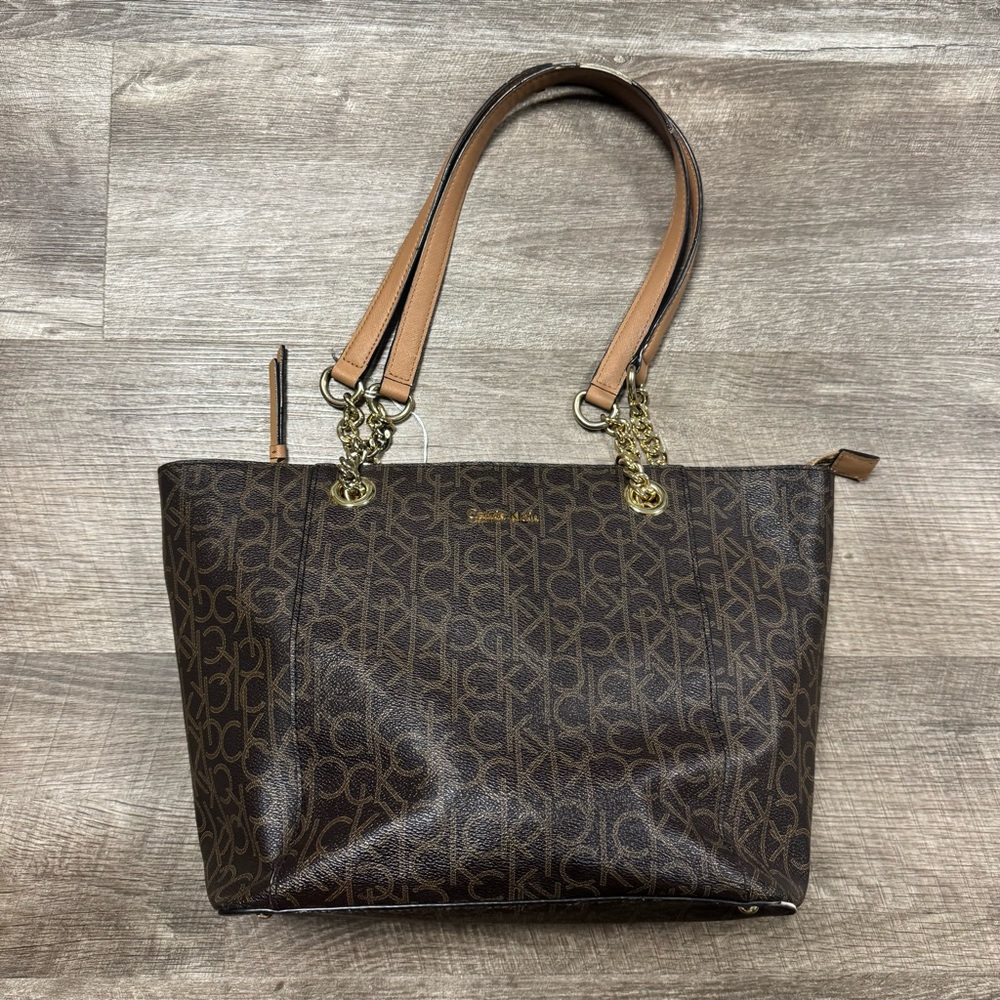 Calvin Klein Brown Monogram Tote with Tan Handles